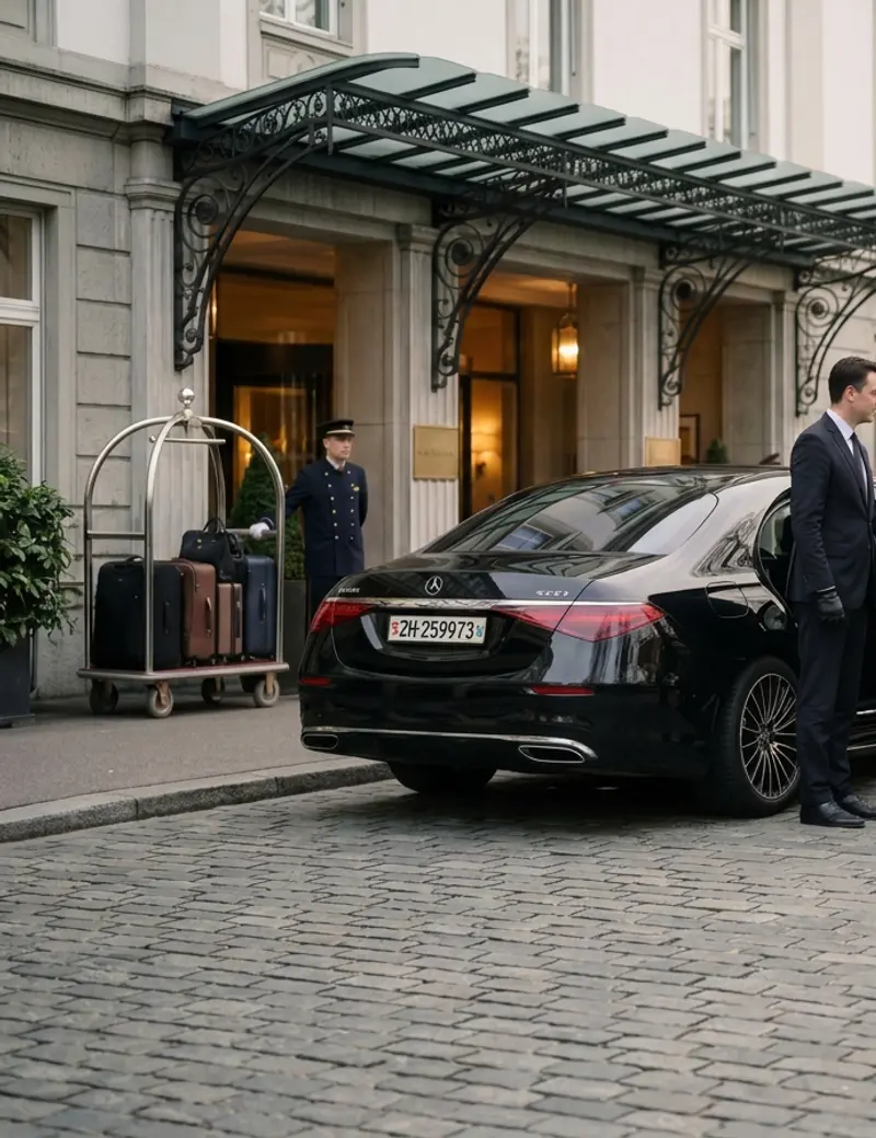 Der Wagen wartet vor einem Zürcher Grandhotel — Chauffeur und Page mit Gepäck
